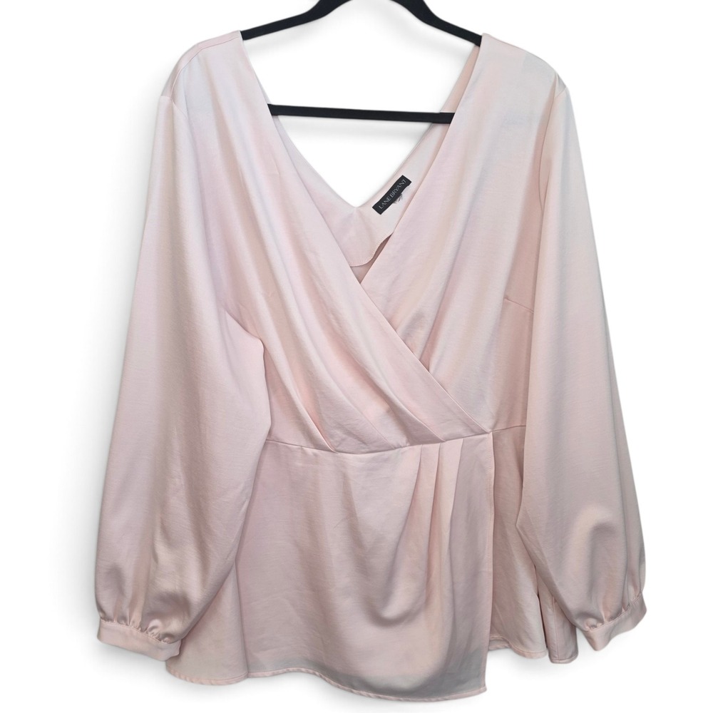 Lane Bryant Top Womens 22/24 Pink Satin Faux Wrap Blouse Long Sleeve Peplum 2X